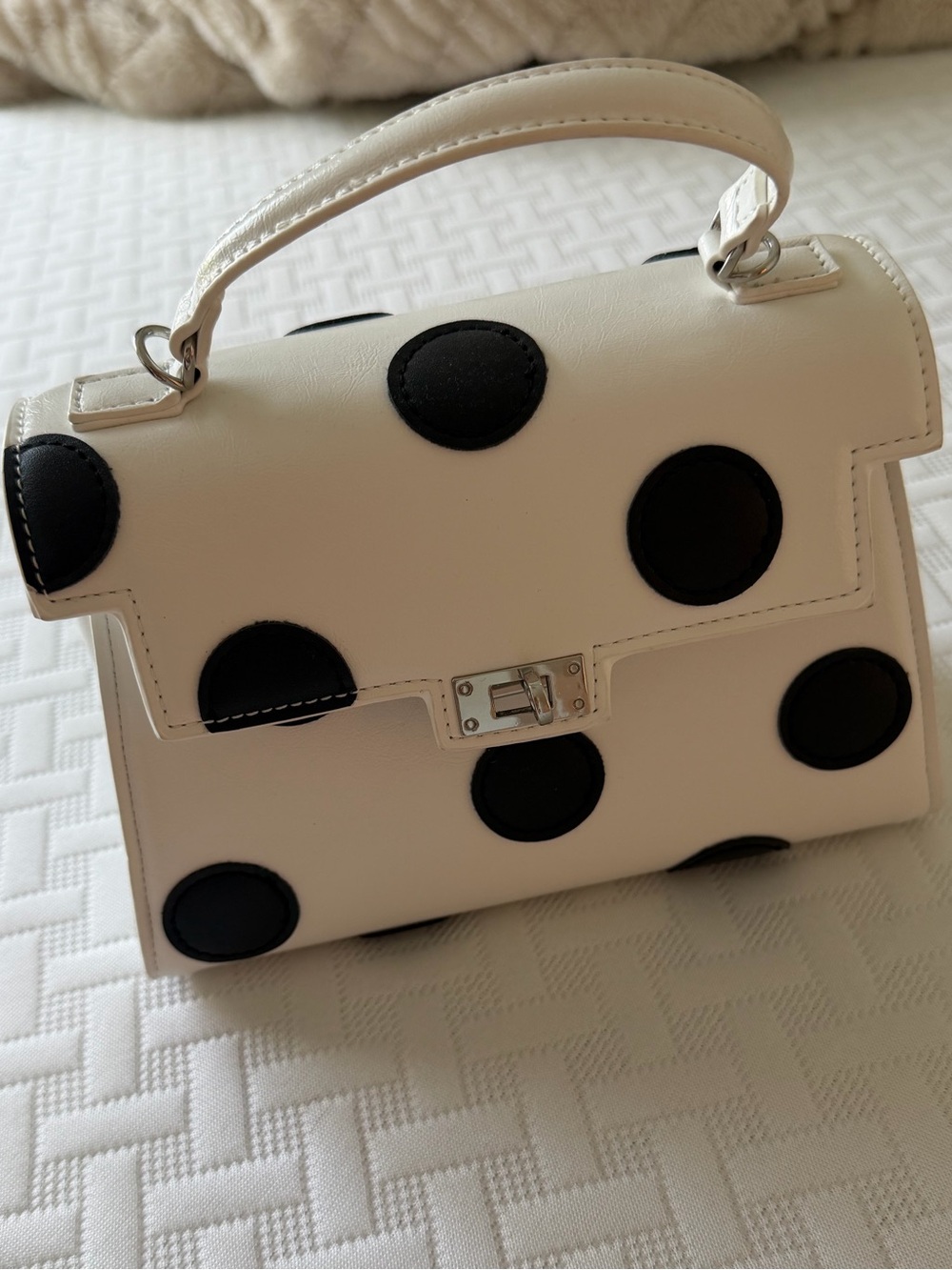 Melie Bianco White Top-Handle Satchel with Black Polka Dots